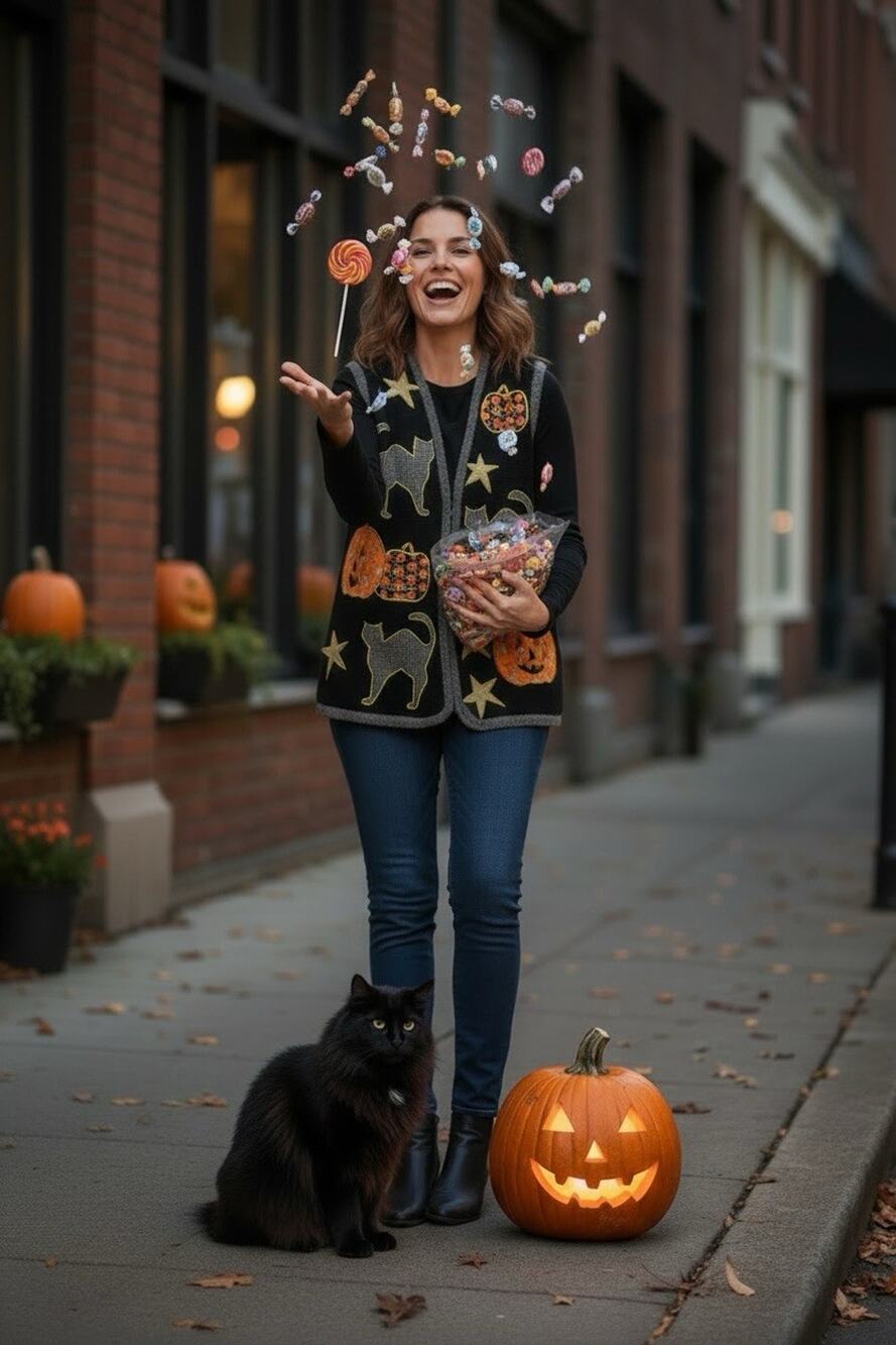 NWT Vintage PBJ Sport S Halloween Themed Black Cats Jack-O-Lanterns Cardigan